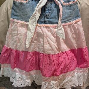 Candie's Pink and White A-Line Skirt with Denim Accent